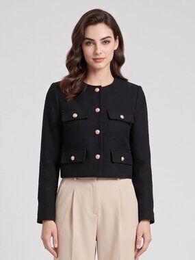 Women's Black Tweed Cropped Blazer Gold Button Workwear Jacket
